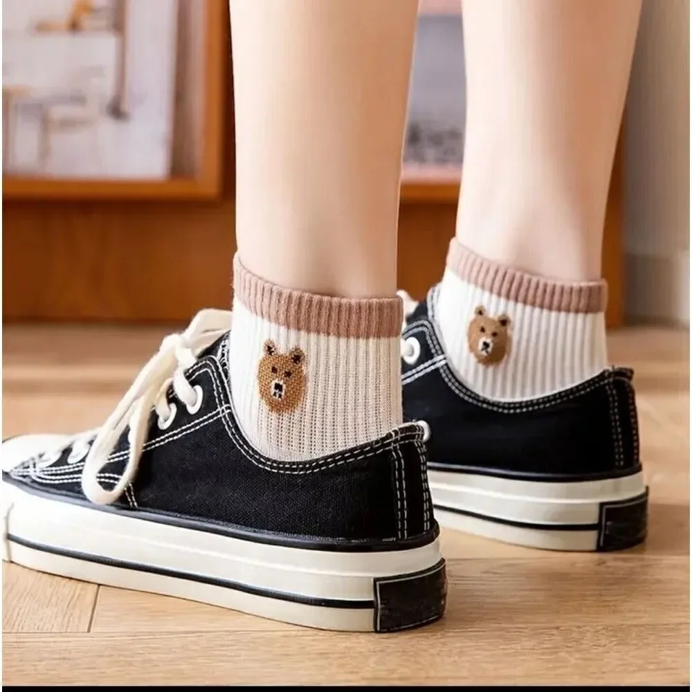 Teddy Bear Ankle Socks, Comfy stipe checkered hosiery